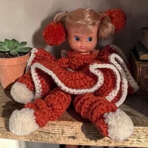 Vintage Handmade Doll with Crocheted Outfit Orange & White Retro Yarn Clothing